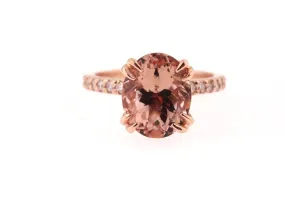 14K Gold Diamond Under Halo with 2.54 Carat Oval Morganite Engagement Ring.