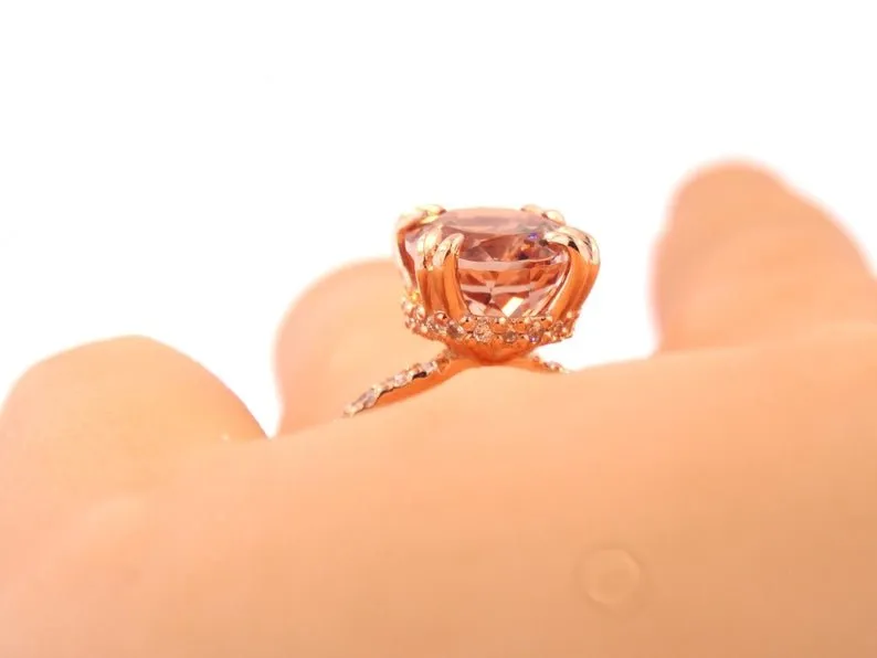 14K Gold Diamond Under Halo with 2.54 Carat Oval Morganite Engagement Ring.