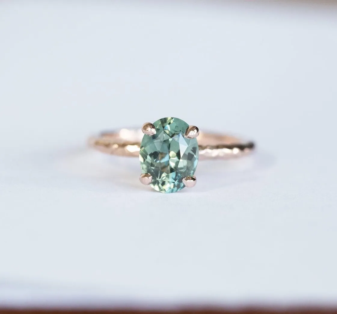 2.28ct Oval Teal Sapphire in 14k Rose gold Evergreen 4 Prong Solitaire Setting