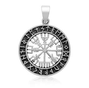 925 Sterling Silver Vegvisir and Runes Pendant