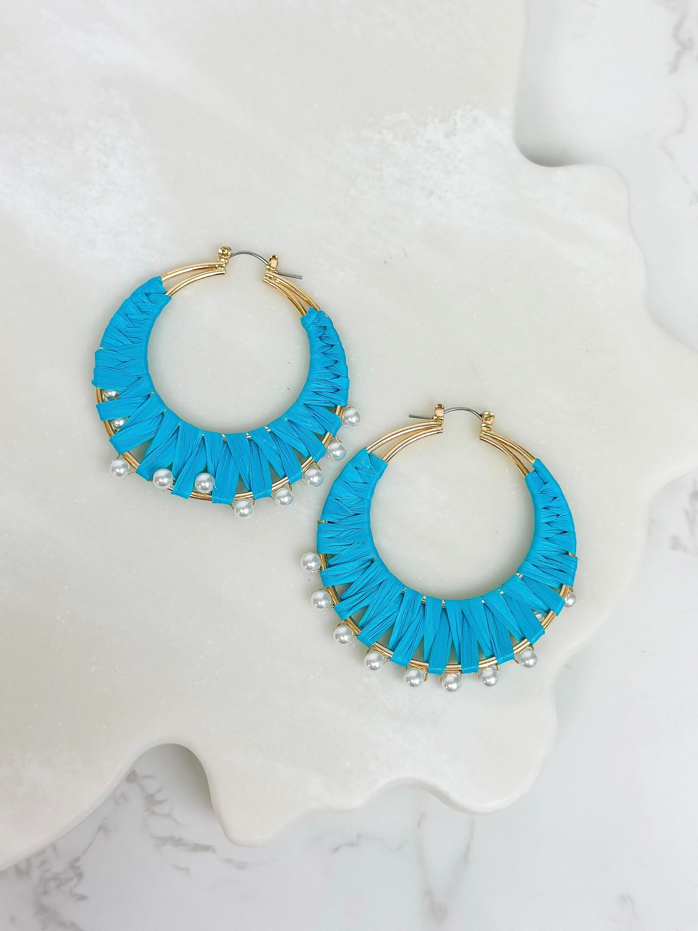 Bright Turquoise Raffia Pearl Hoop Earrings