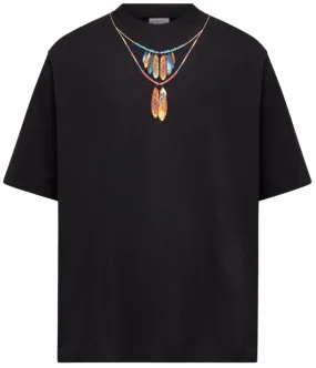 Marcelo Burlon Feathers Necklace Over T-Shirt Black Red