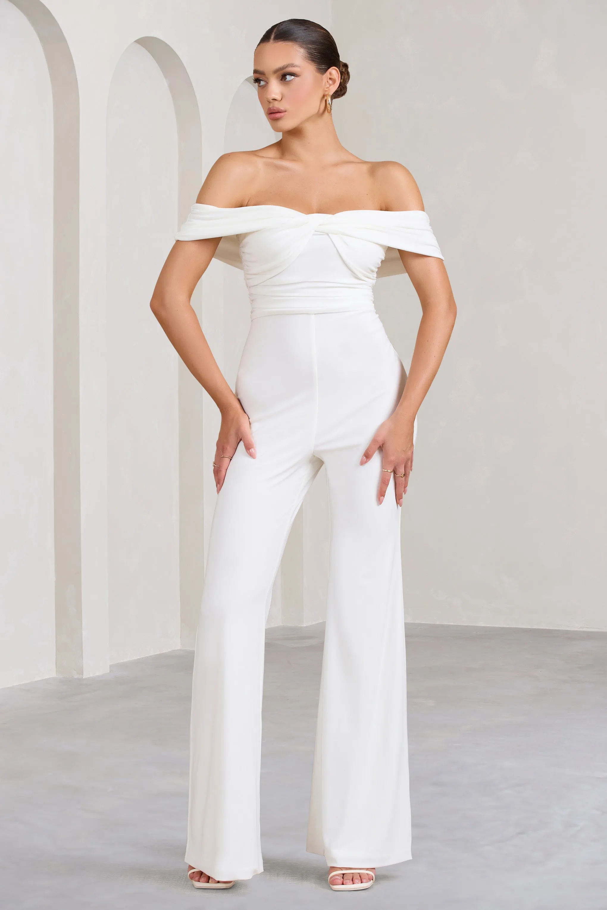 Recognition | White Off The Shoulder Ruched Jumpsuit