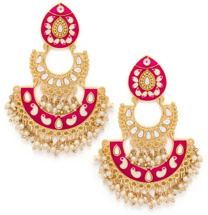 Rubans Gold Plated Enamel Pearl Chandbali Earrings